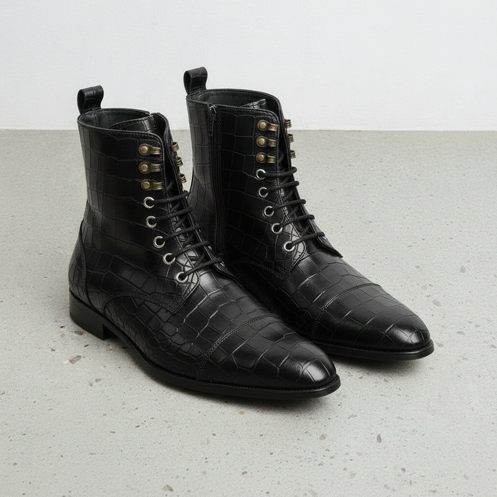 Men's Black Crocodile-Embossed Leather Lace-Up Boots