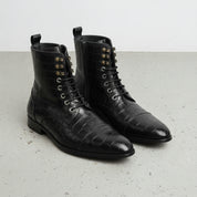Men's Black Crocodile-Embossed Leather Lace-Up Boots