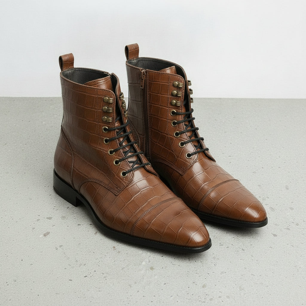 Men's Brown Crocodile-Embossed Leather Lace-Up Boots