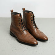 Men's Brown Crocodile-Embossed Leather Lace-Up Boots