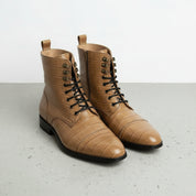 Men's Tan Crocodile-Embossed Leather Lace-Up Boots