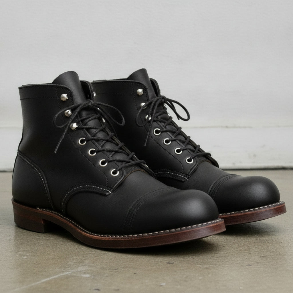 Men's Black Cap-Toe Leather Ankle Boots