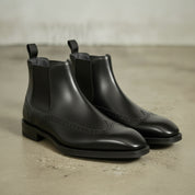 Men's Black Wingtip Leather Chelsea Boots