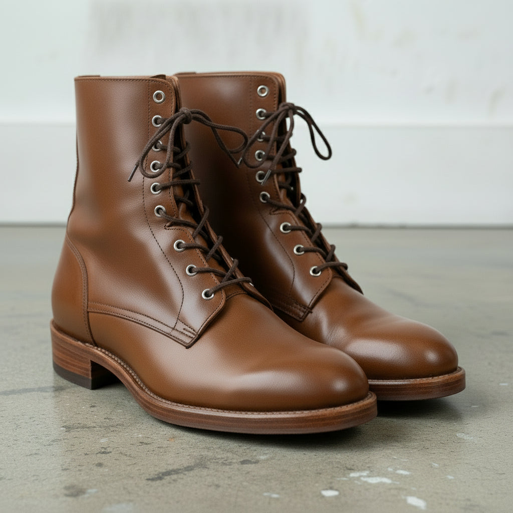 Men's Brown Plain-Toe Leather Combat Boots