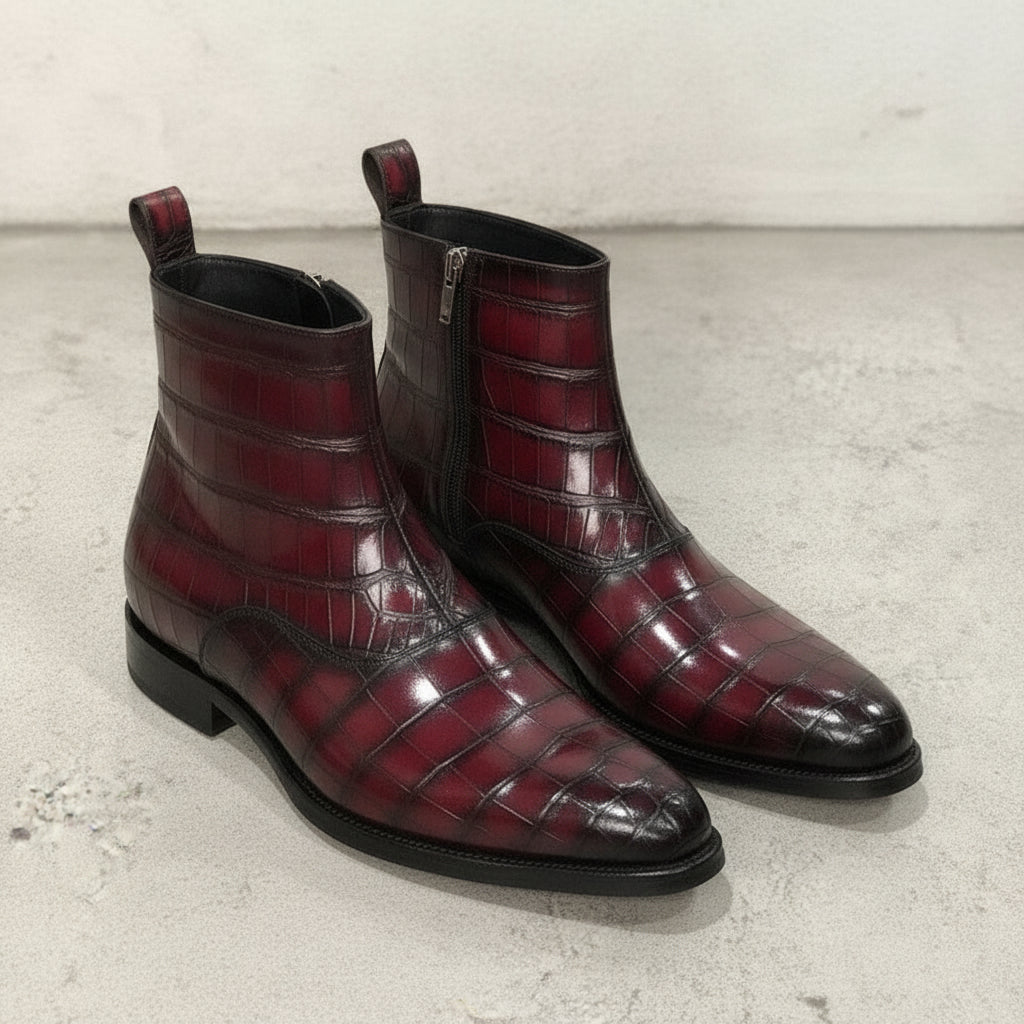 Men's Burgundy Crocodile-Embossed Leather Ankle Boots