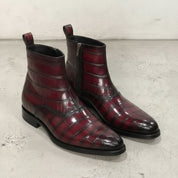 Men's Burgundy Crocodile-Embossed Leather Ankle Boots