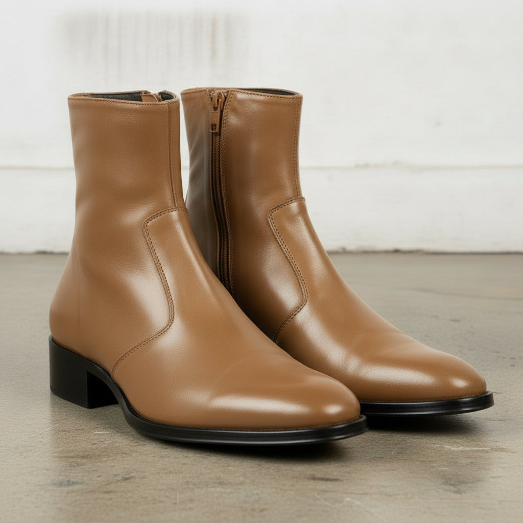Men's Tan Plain-Toe Zip Leather Ankle Boots