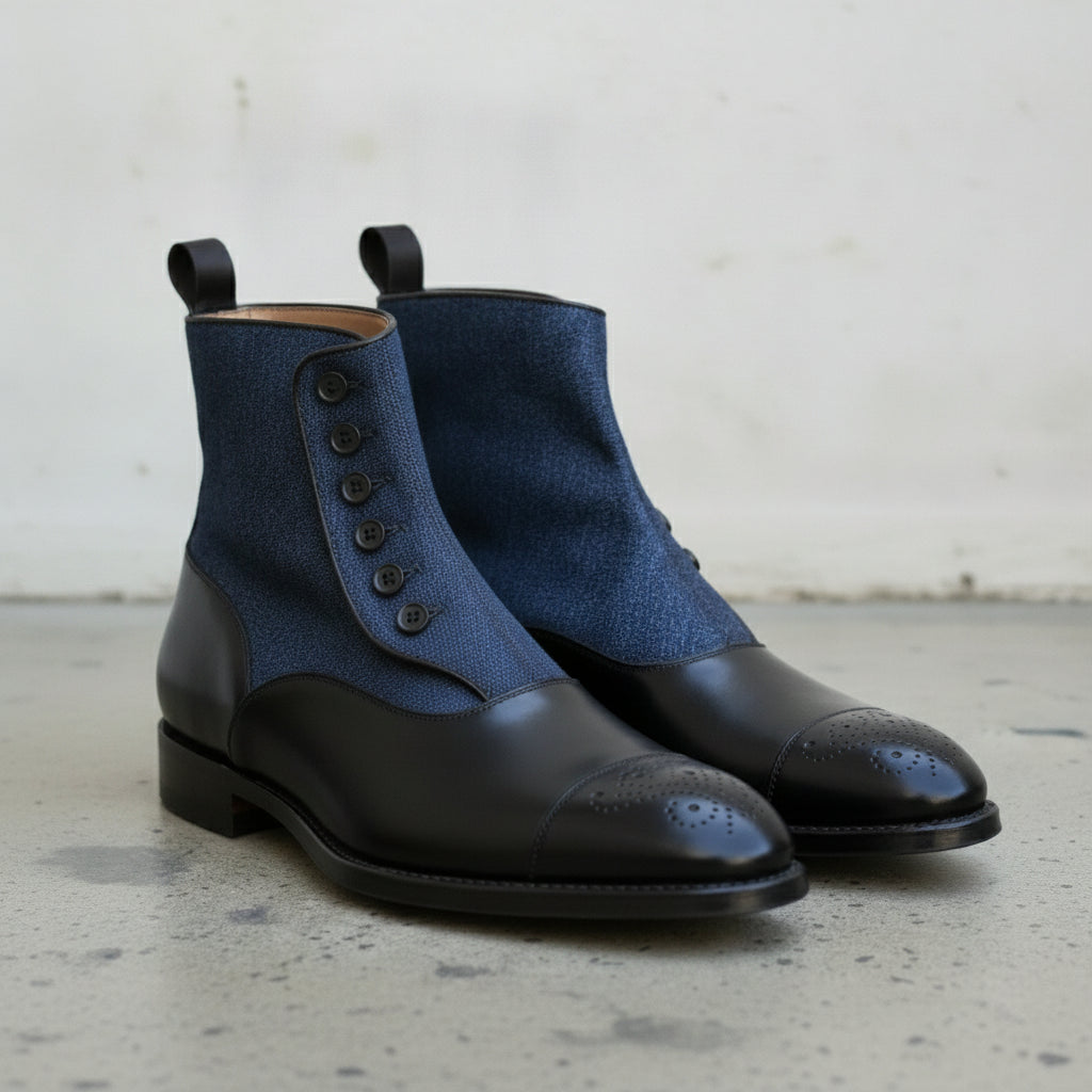 Men's Black and Blue Leather Button Boots