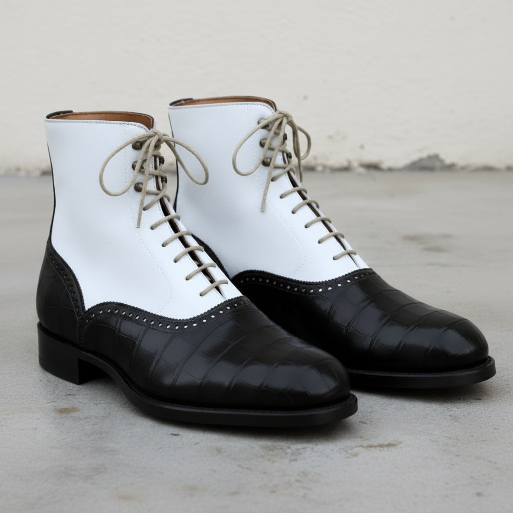 Men's White and Black Crocodile-Embossed Leather Oxford Boots