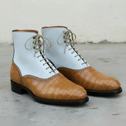 Men's White and Tan Crocodile-Embossed Leather Oxford Boots