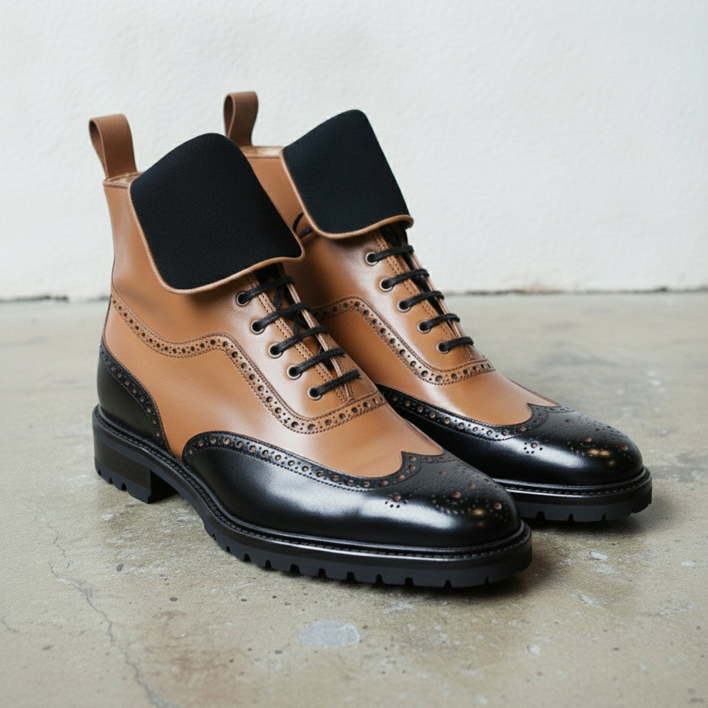 Men's Black and Tan Wingtip Leather Ankle Boots