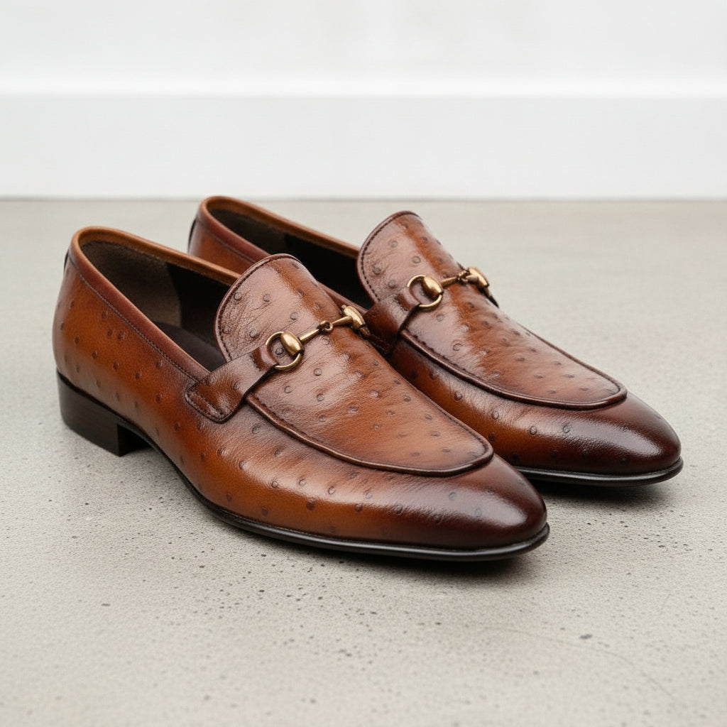 Men's Brown Ostrich-Embossed Leather Bit Loafers