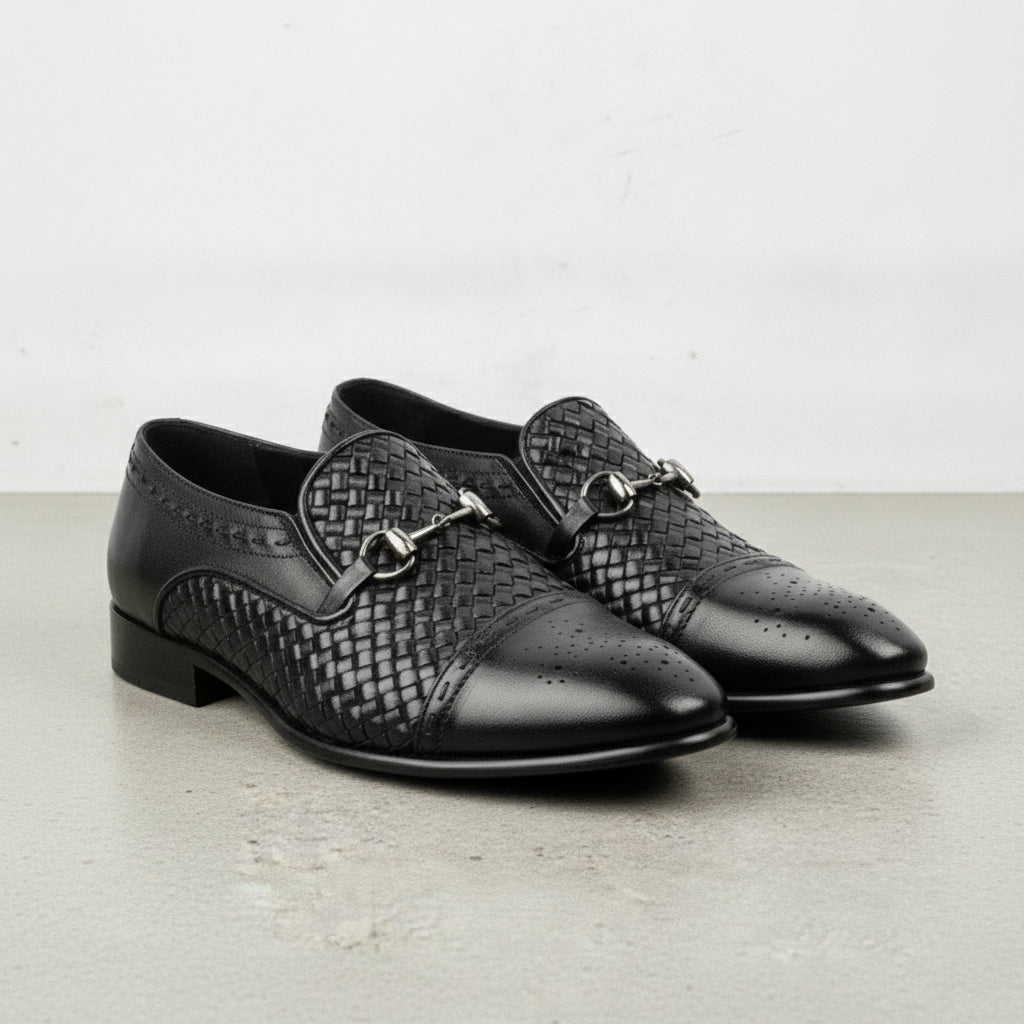 Men's Black Cap-Toe Leather Bit Loafers