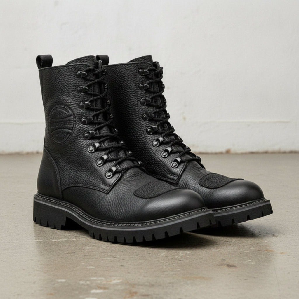 Men's Black Plain-Toe Pebbled Leather Biker Boots