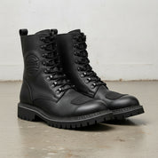 Men's Black Plain-Toe Pebbled Leather Biker Boots