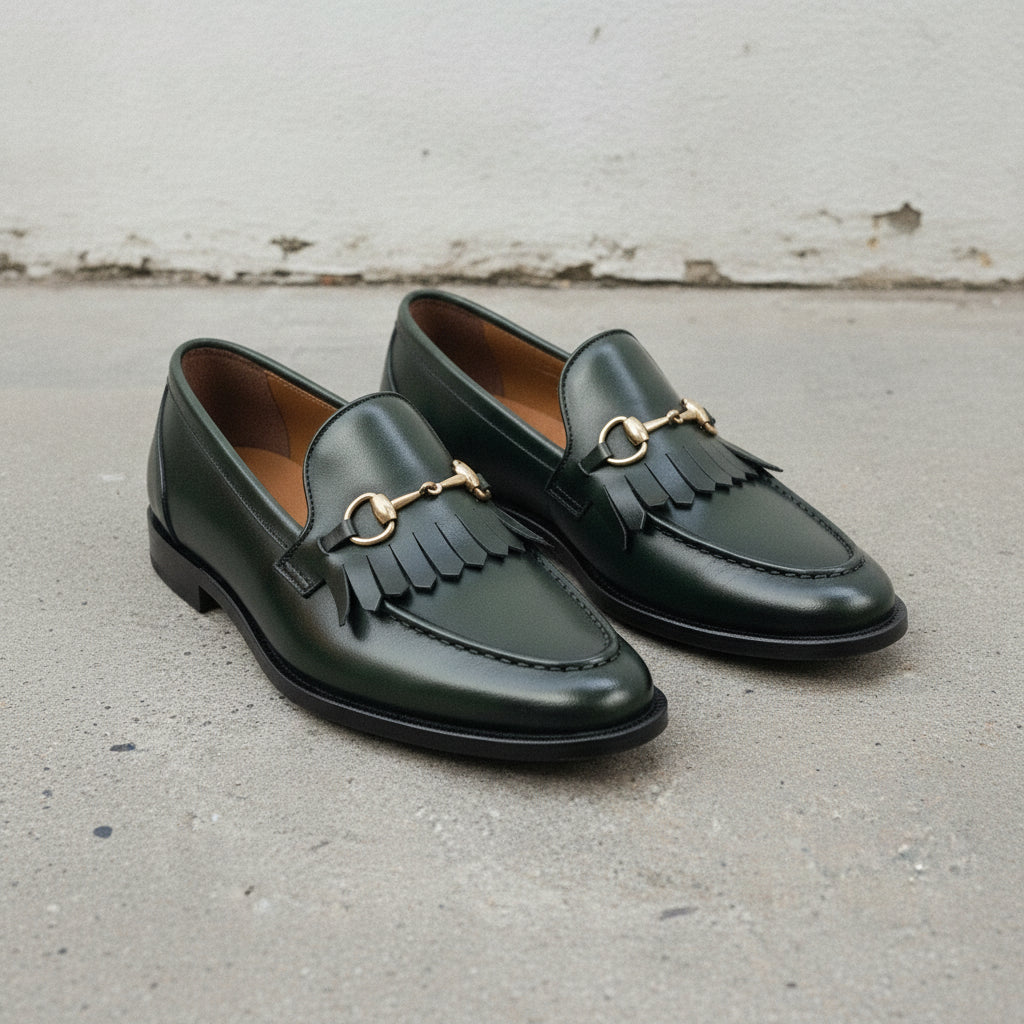 Men's Dark Green Apron-Toe Leather Bit Loafers