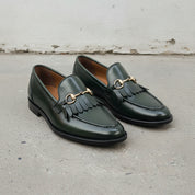 Men's Dark Green Apron-Toe Leather Bit Loafers
