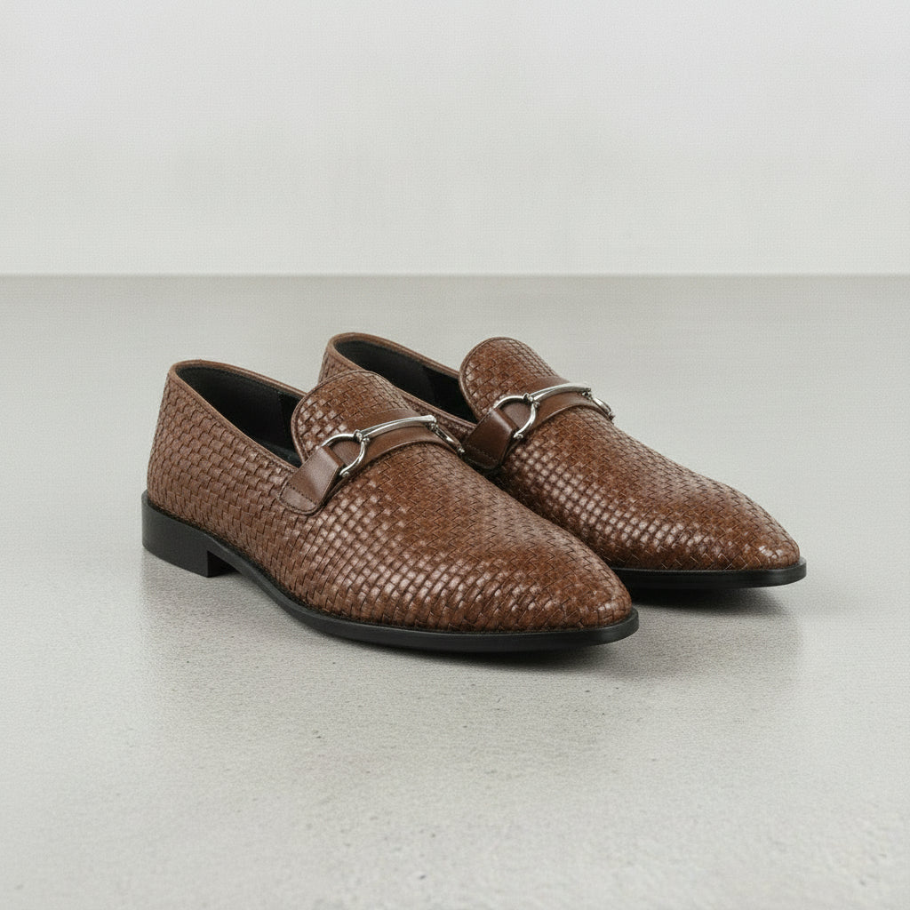 Men's Brown Woven Leather Bit Loafers