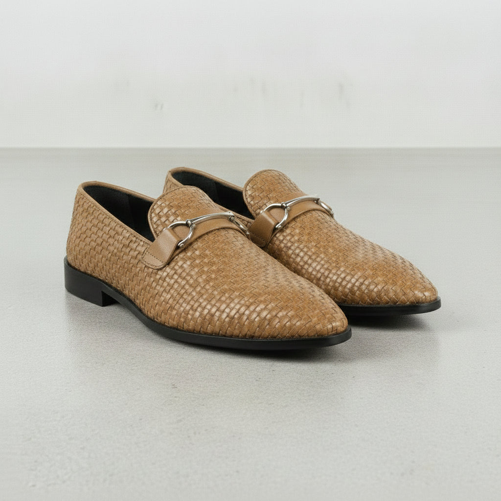 Men's Tan Woven Leather Bit Loafers