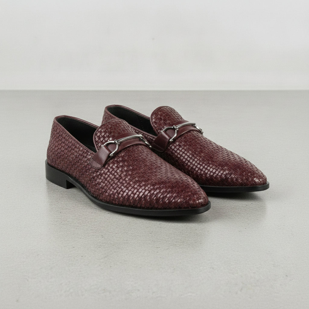 Men's Burgundy Woven Leather Bit Loafers