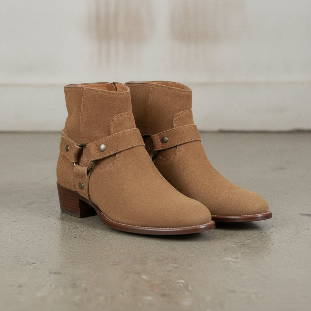 Men's Tan Plain-Toe Suede Harness Boots