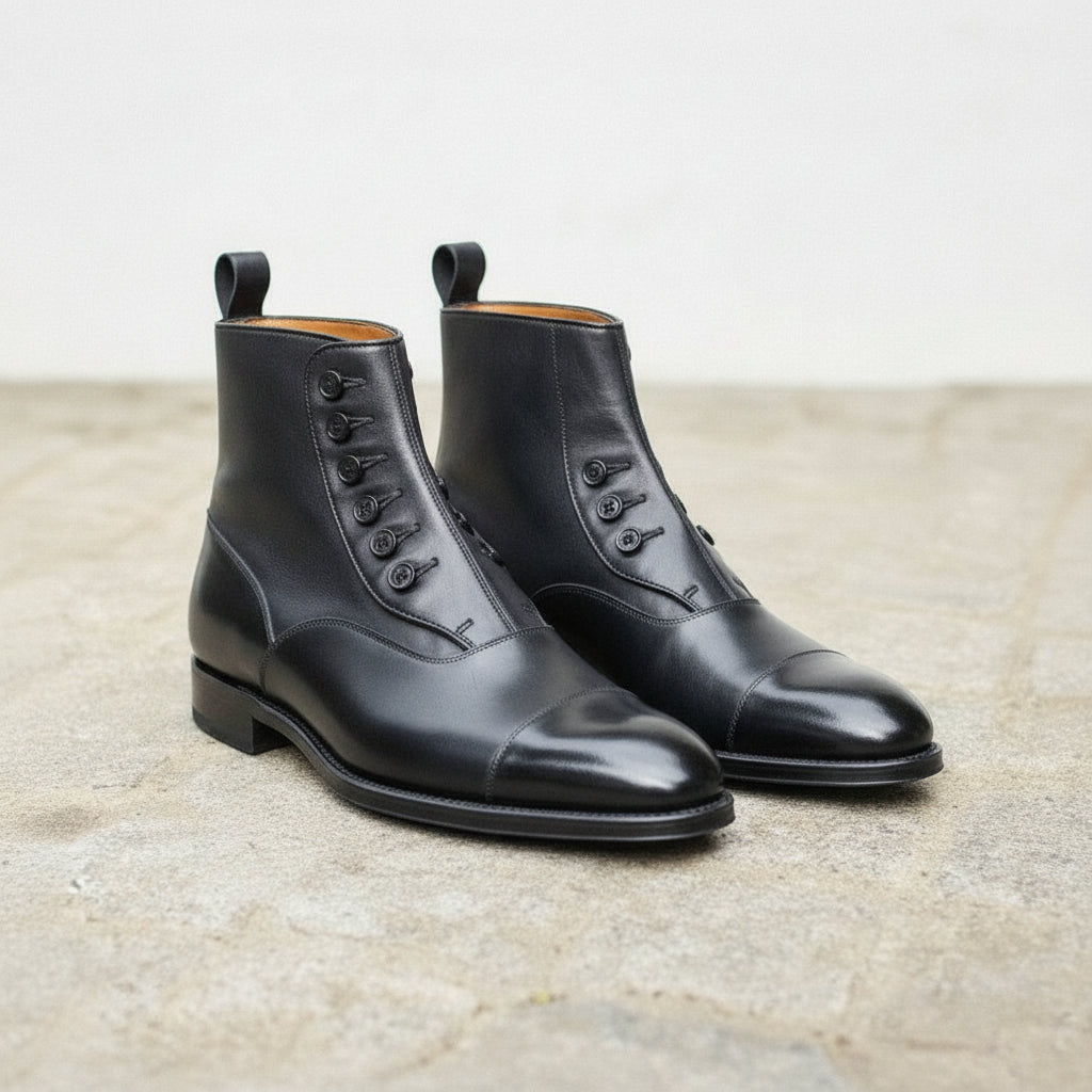 Men's Black Cap-Toe Leather Button Boots — Home