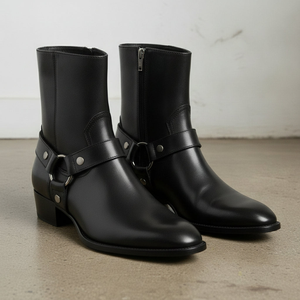 Men's Black Plain-Toe Leather Biker Boots — Livingston