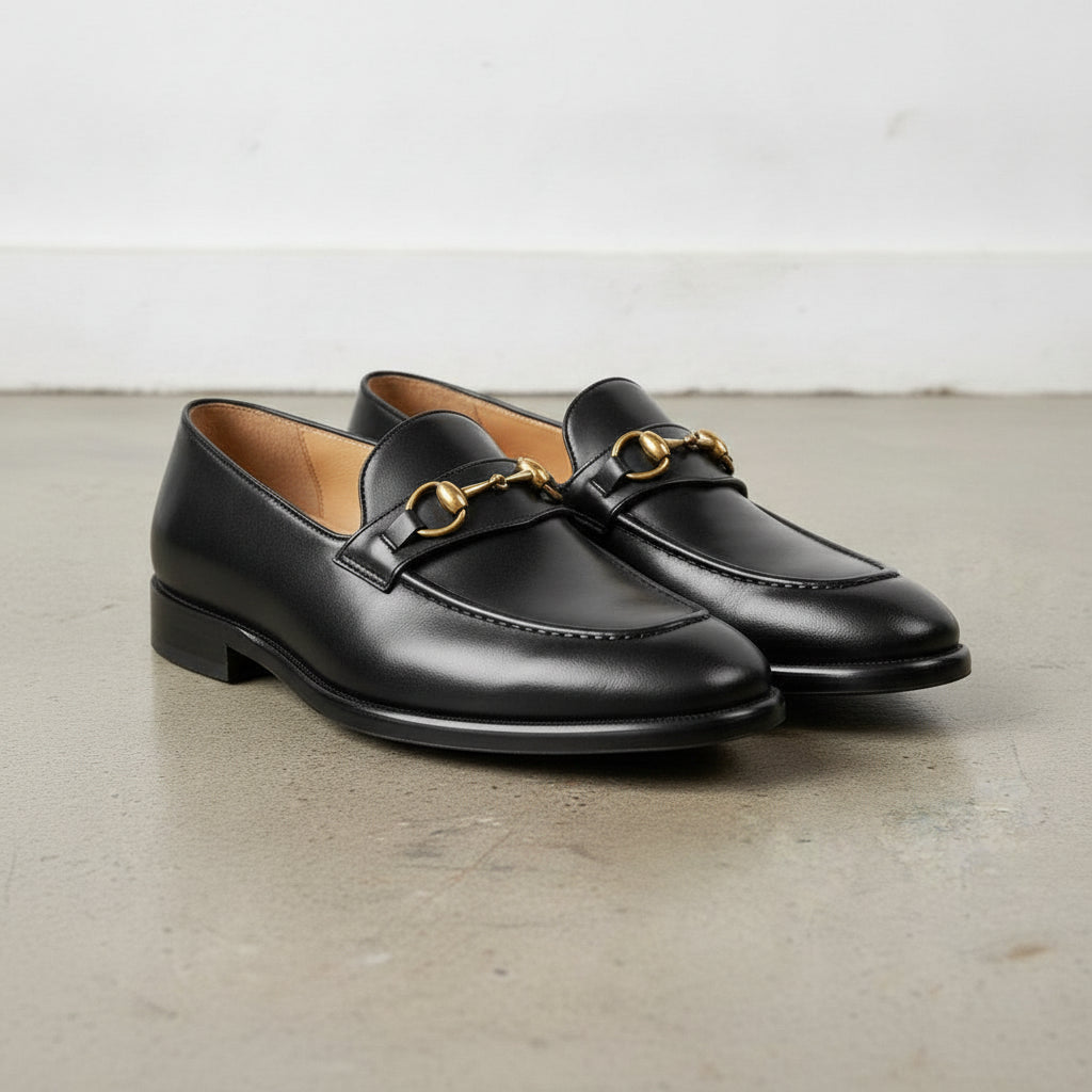Men's Black Apron-Toe Leather Bit Loafers