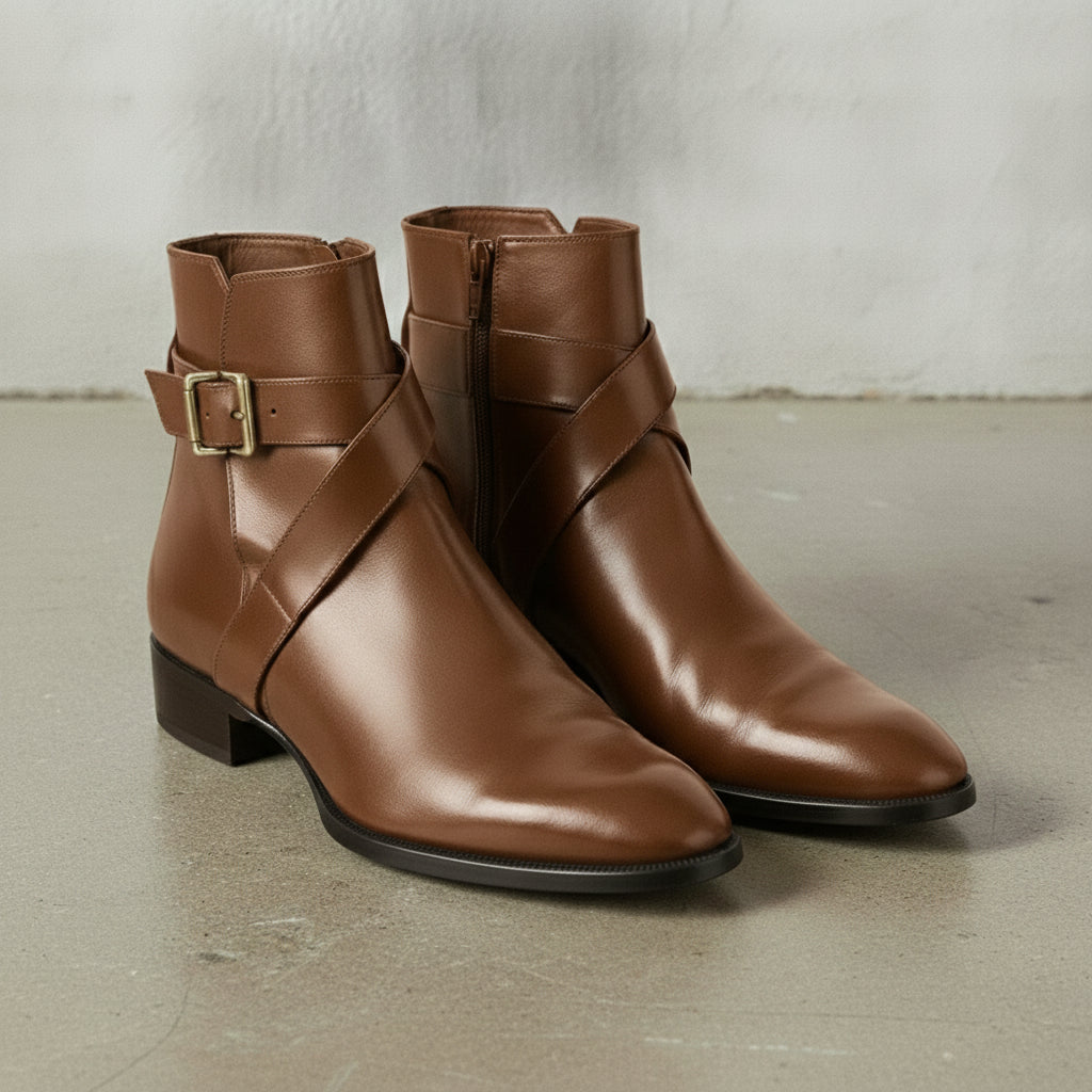 Men's Brown Plain-Toe Leather Ankle Boots