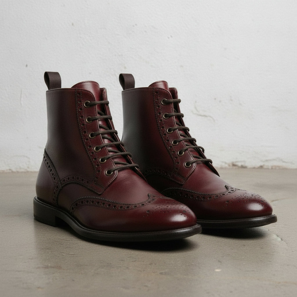 Men's Burgundy Wingtip Leather Derby Boots