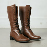 Men's Brown Cap-Toe Leather Knee-High Biker Boots