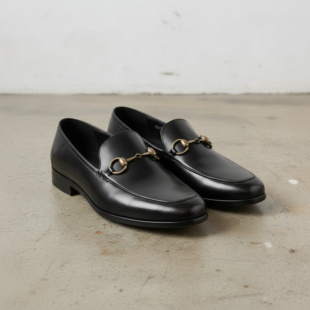 Men's Black Apron-Toe Leather Bit Loafers