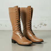 Men's Tan Cap-Toe Leather Knee-High Biker Boots