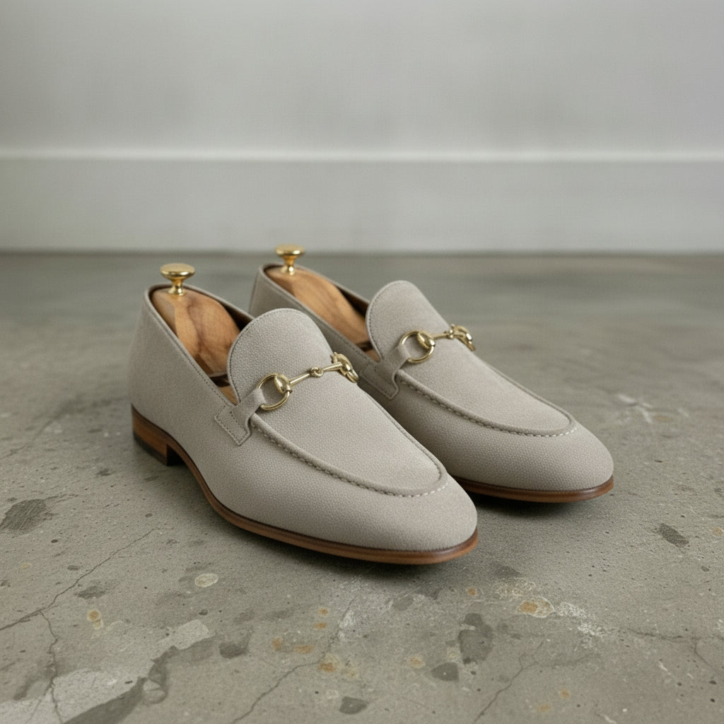 Men's Light Grey Apron-Toe Suede Bit Loafers