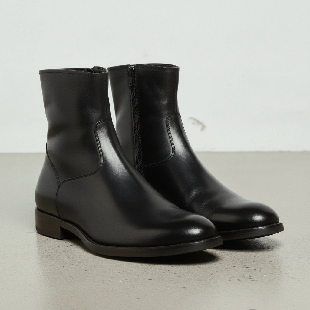 Men's Black Plain-Toe Leather Ankle Biker Boots
