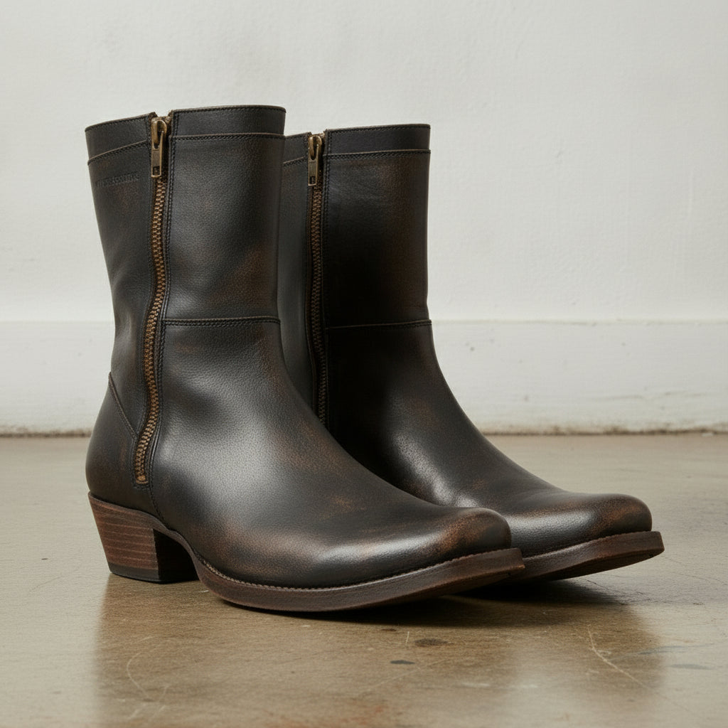 Men's Dark Brown Plain-Toe Leather Biker Boots — Nicolson — Nicolson