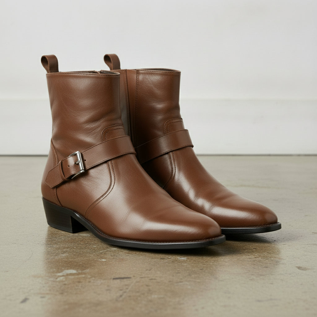 Men's Brown Plain-Toe Leather Biker Boots