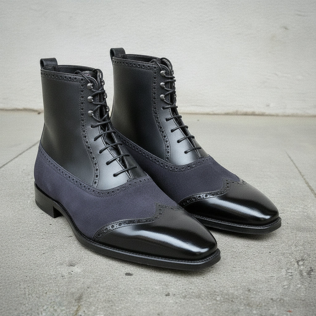 Men's Black and Dark Blue Cap-Toe Leather Ankle Boots
