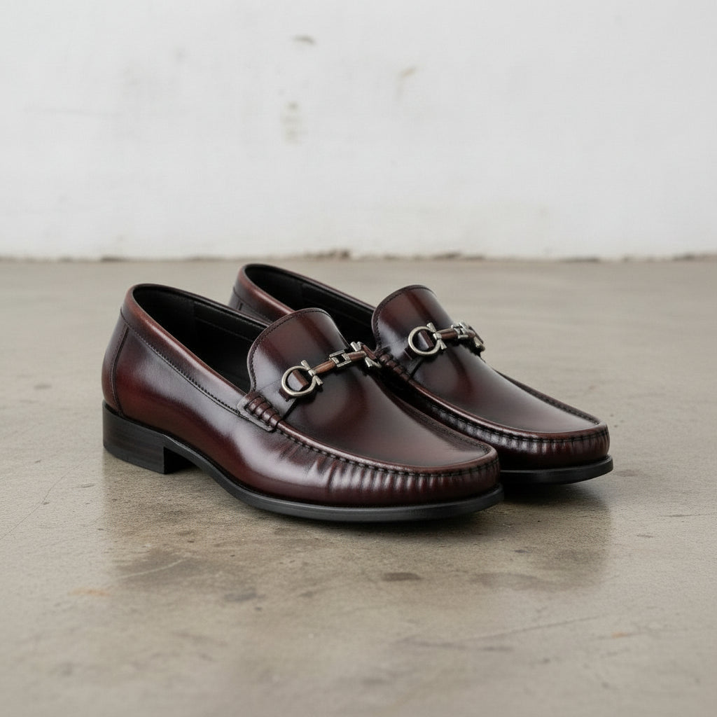 Men's Burgundy Apron-Toe Leather Bit Loafers