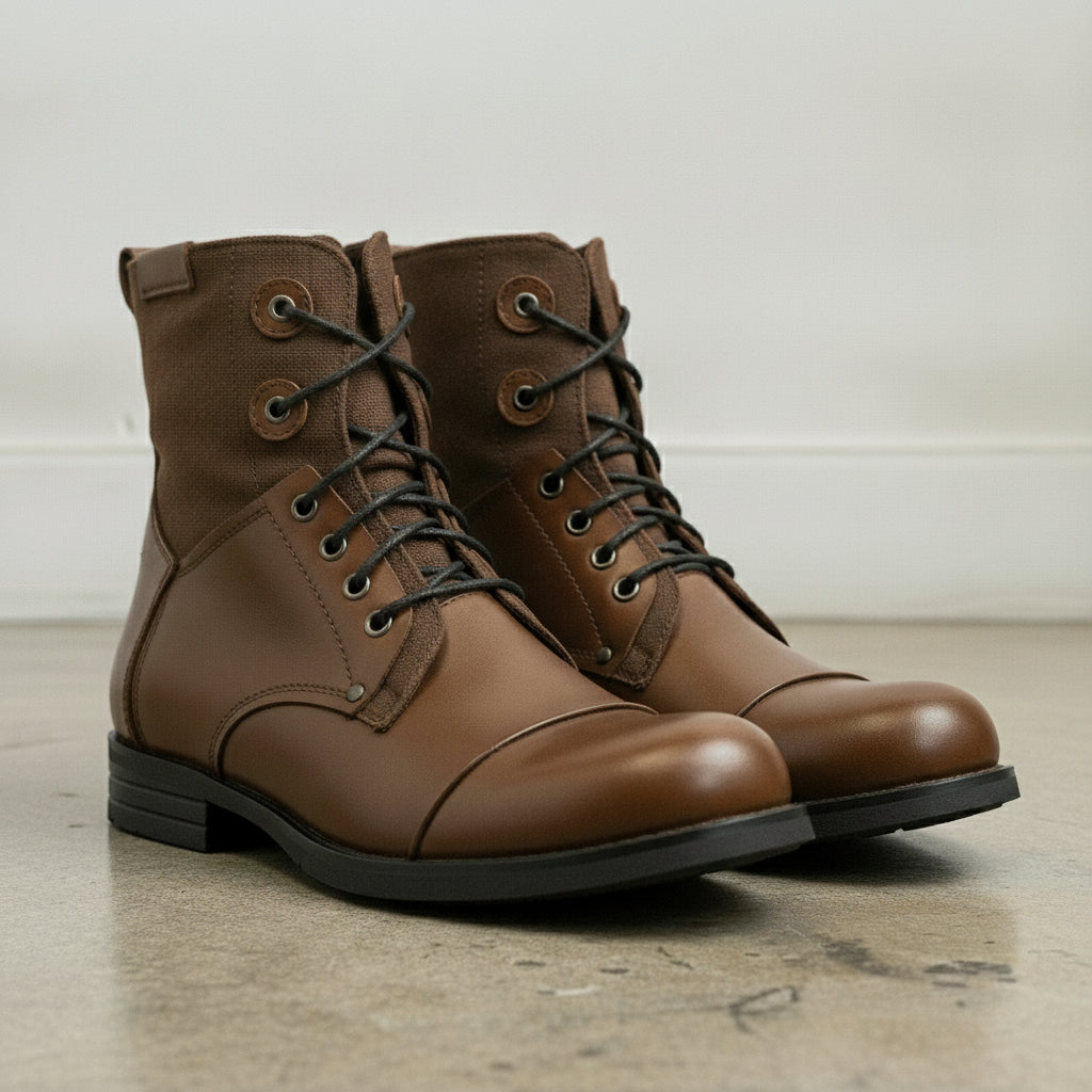 Men's Brown Cap-Toe Leather Lace-Up Combat Boots — Alderley