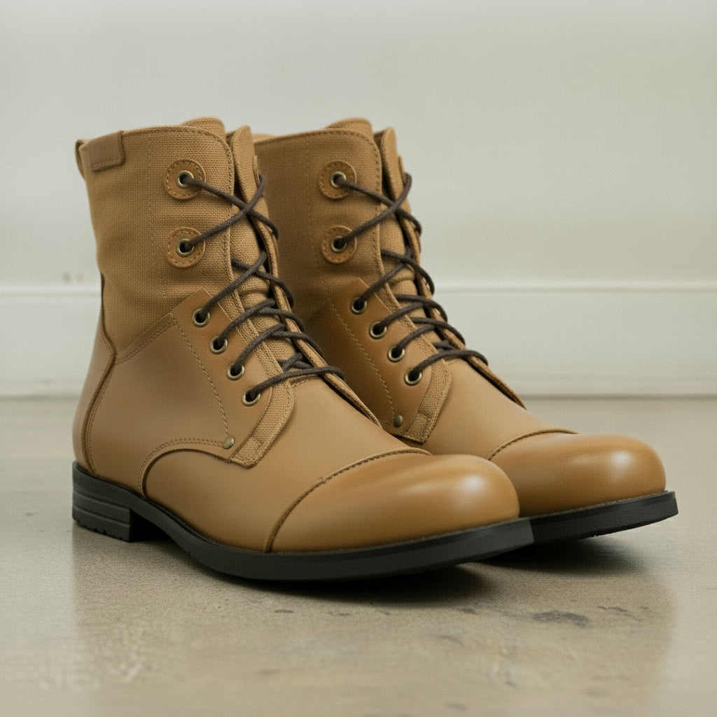 Men's Tan Cap-Toe Leather Lace-Up Combat Boots — Alderley