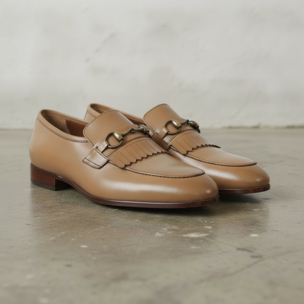 Men's Tan Plain-Toe Leather Bit Loafers