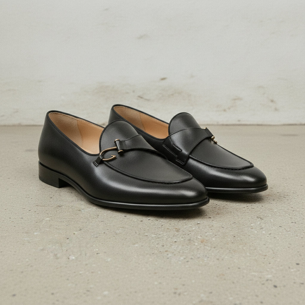 Men's Black Apron-Toe Leather Bit Loafers