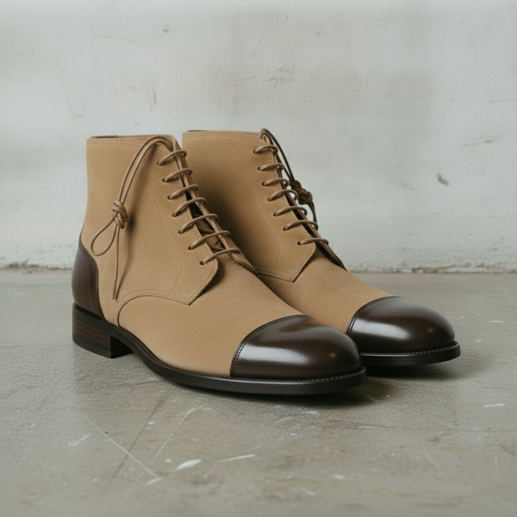 Men's Tan Cap-Toe Suede Derby Boots