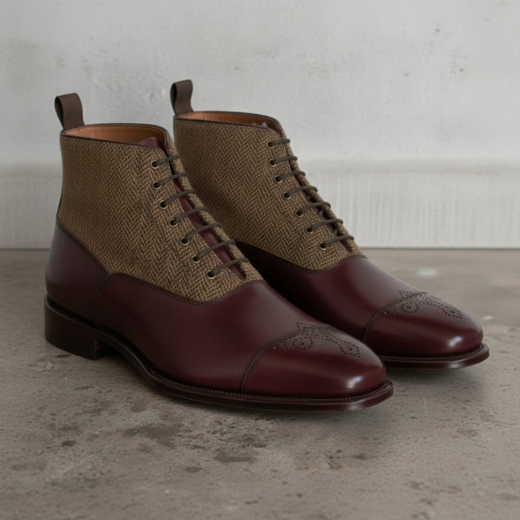 Men's Burgundy and Tan Herringbone-Embossed Leather Plain-Toe Oxford Boots