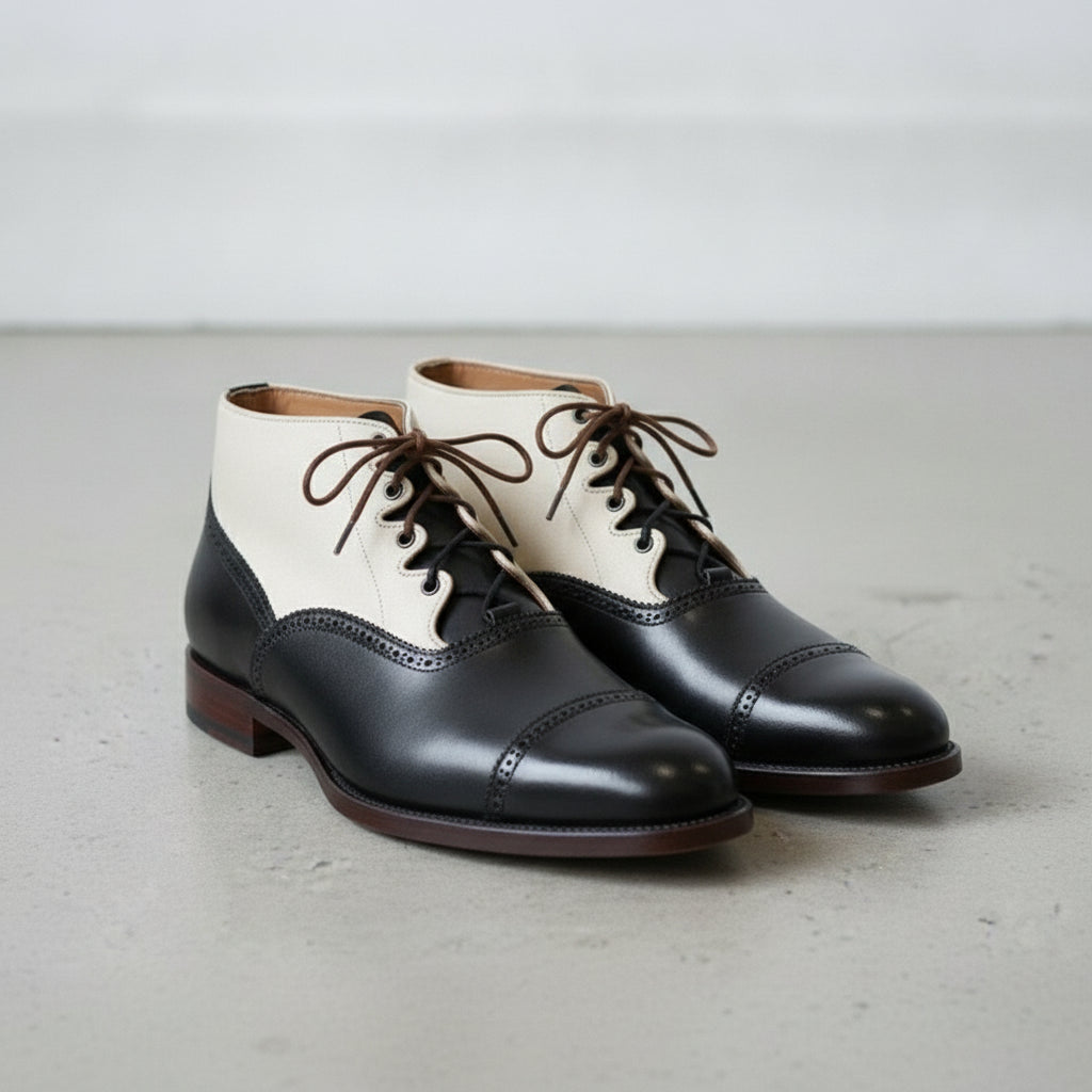 Men's Black and Cream Cap-Toe Leather Spectator Oxford Boots