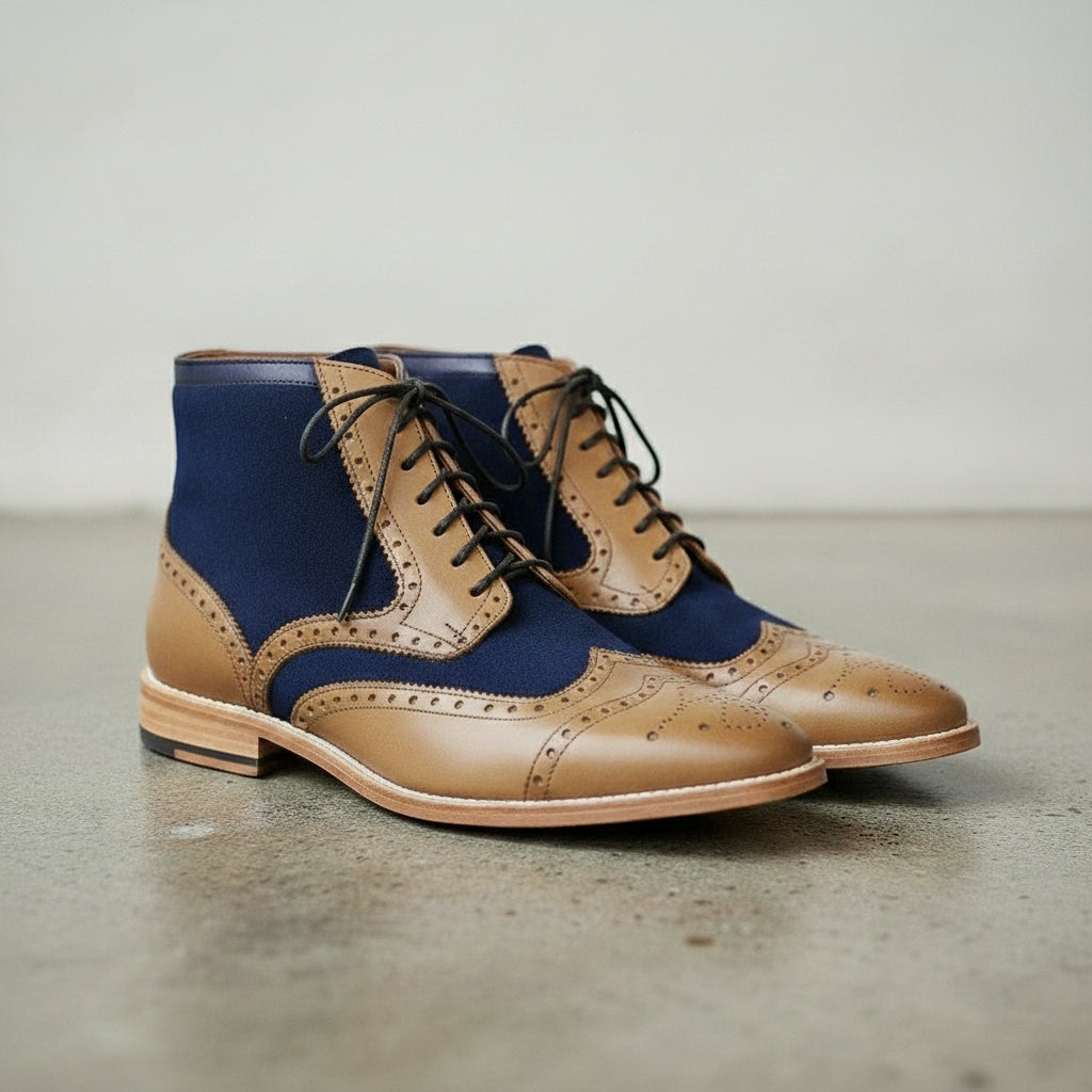 Men's Blue and Tan Wingtip Leather Derby Boots — Enbourne