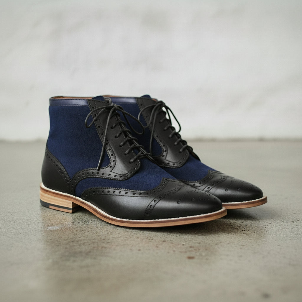 Men's Blue and Black Wingtip Leather Derby Boots — Enbourne — Enbourne