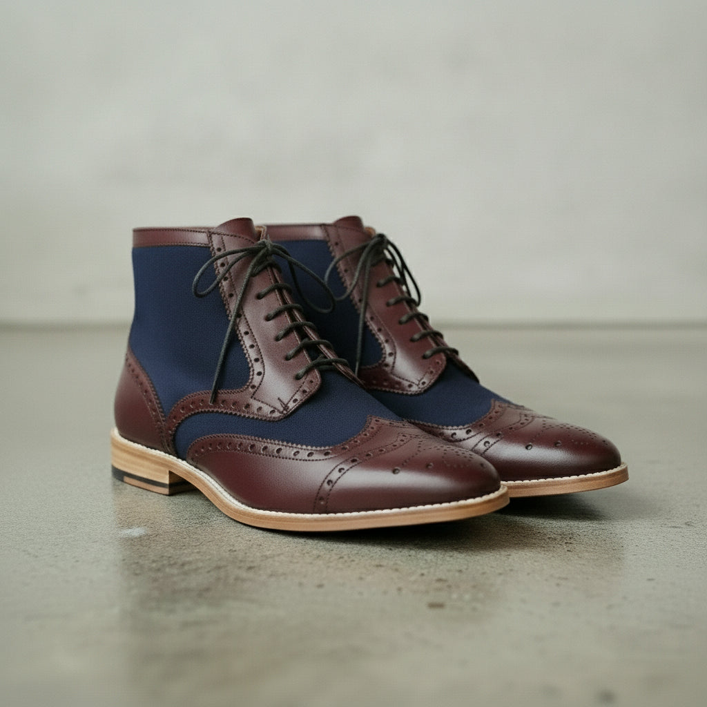 Men's Blue and Burgundy Wingtip Leather Derby Boots — Enbourne — Enbourne