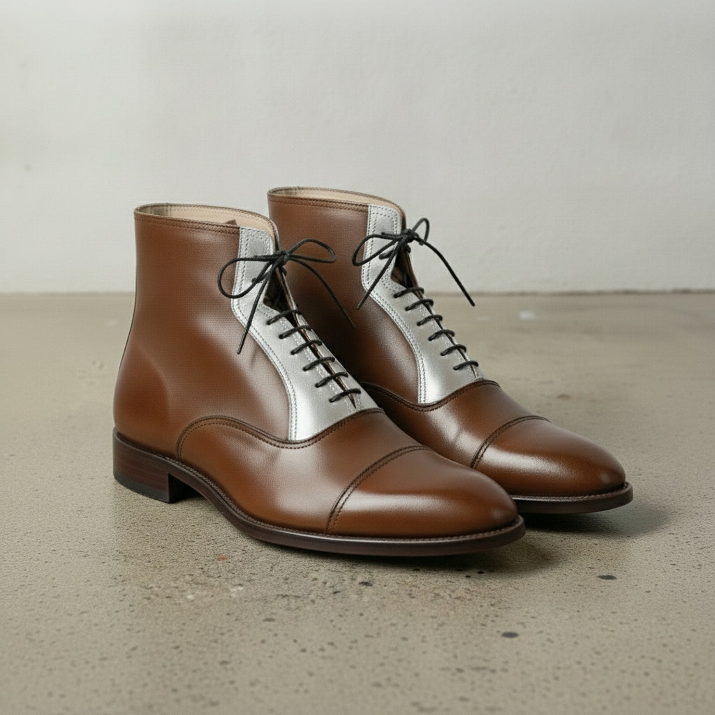 Men's Brown and Silver Cap-Toe Leather Ankle Boots — Clarendon